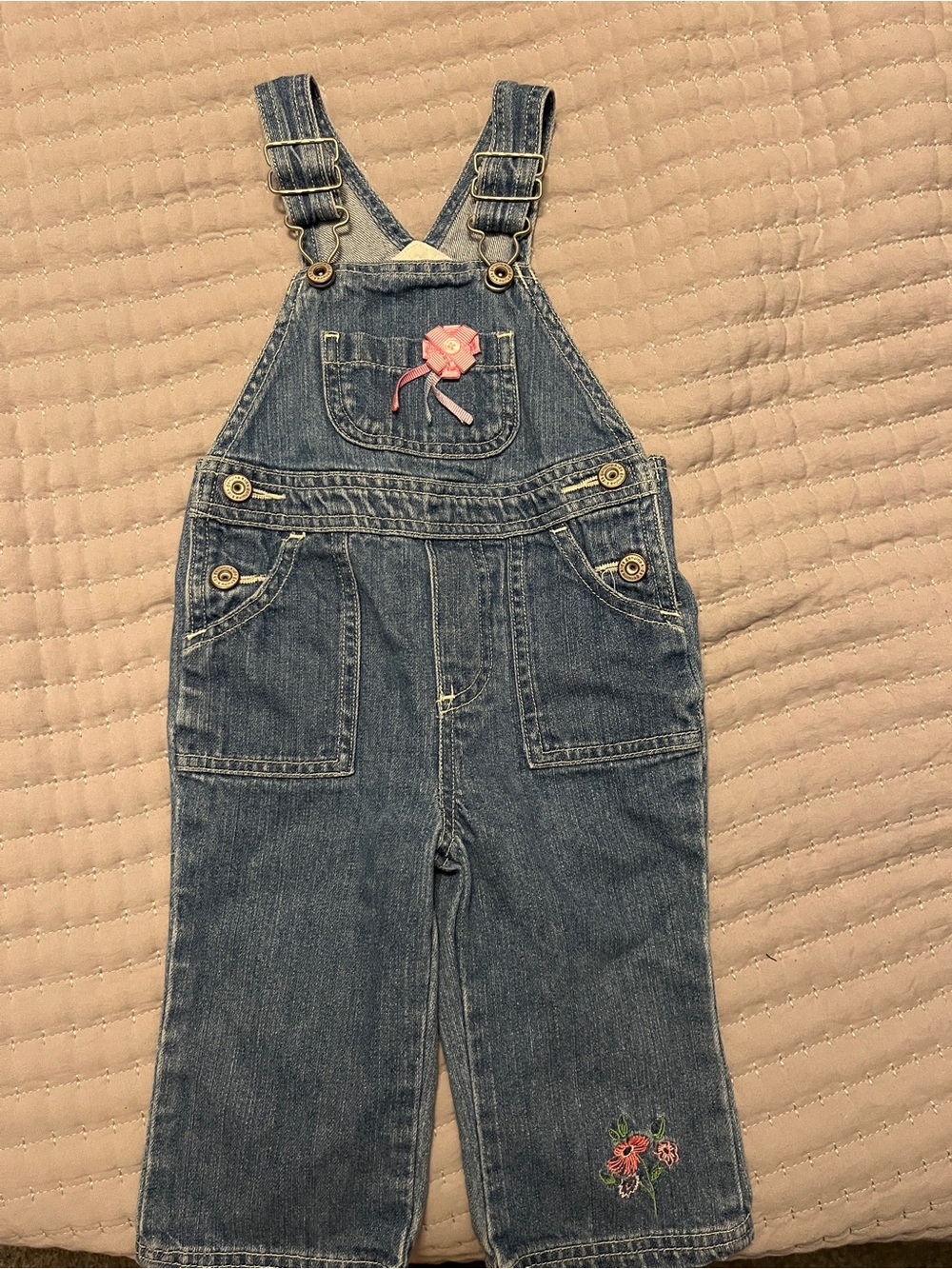 Denim Blue Kids Floral Appliqué Overalls